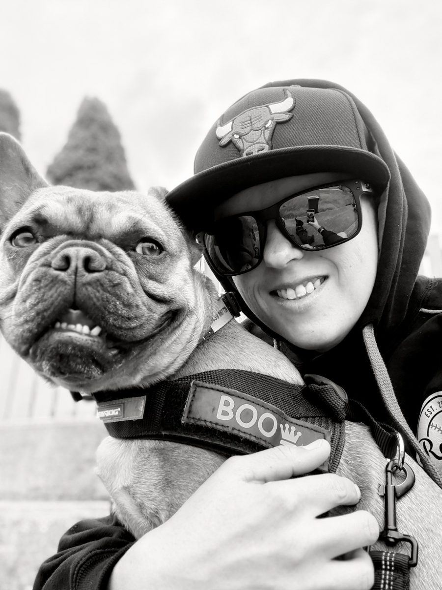 Founder with French Bulldog Boo — one of two beloved frenchies