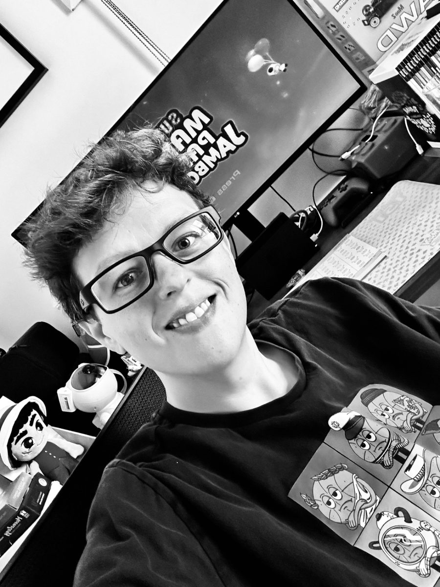 At home with gaming setup and collectibles